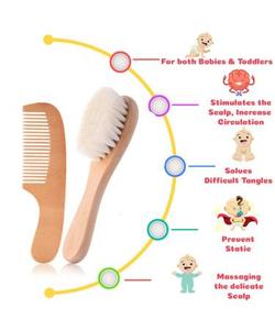 Ensemble de 2 brosses à cheveux en bois de hêtre doux pour nouveau-nés avec laine pour massage, apaisement des cheveux et cadeau de naissance, brosses à cheveux pour bébé - Product Image 5