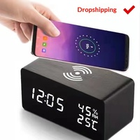 Thermomètre numérique LED en bois électronique créatif à commande vocale, avec charge sans fil intelligente et fonction phosphorescente, pour chambre et bureau