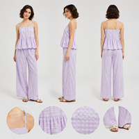 Ensemble pantalon deux pièces à carreaux vichy pour femme, haut caraco à bretelles fines et volanté, pantalon large en mousseline, tenue d'été décontractée
