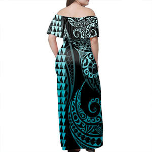 Robe longue à épaules dénudées <span class=keywords><strong>Tahiti</strong></span> bleu Hibicus blanc vente en gros robe à épaules dénudées par sublimation robe à volants <span class=keywords><strong>Polynésie</strong></span> personnalisée - Product Image 6