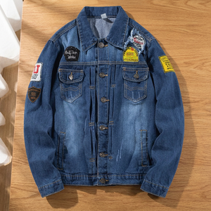 Men's Denim <b>Jacket</b> Workwear Style <b>Patchwork</b> Design Turn-down Collar Regular Fit Cotton Material Autumn Wear - Product Image 3