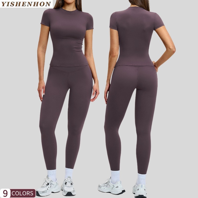 YISHENHON High Quality Girl Quick Dry Clothing Sports T-shirt Crop Top Short Sleeves With Leggings Workout 3Piece Yoga Sets