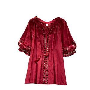 Nouveau <span class=keywords><strong>haut</strong></span> de printemps pour femme, style chemise, coupe trapèze, ample, <span class=keywords><strong>rouge</strong></span> français, brodé, à manches bouffantes, élégant et charmant, avec laçage style poupée - Product Image 5