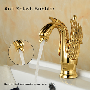 Grifo de Lavabo de Lujo con Doble Manija Artística, Diseño de Cuello de Cisne Dorado, en Latón - Product Image 4