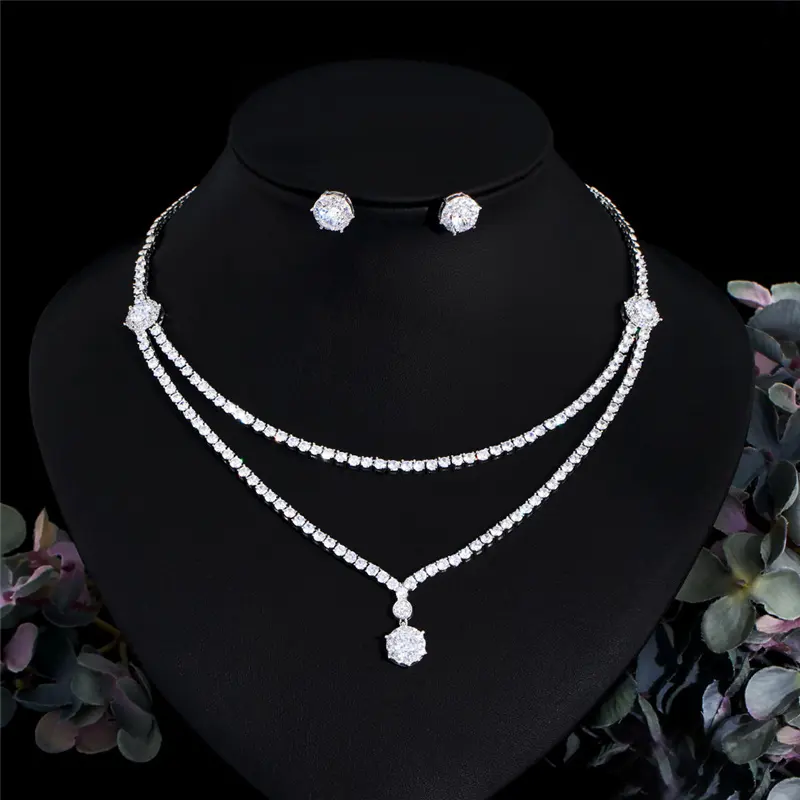 Women Trendy White Gold Plated Shining Zircon Wedding Earrings Necklace Jewelry Sets Gift Party Engagement