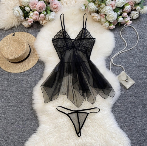Sexy Lingerie Women's Mesh Deep V Pajamas Lace Nightdress