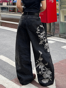 <span class=keywords><strong>Jeans</strong></span> in denim nero vintage personalizzati, lavaggio effetto invecchiato, vestibilità ampia, <span class=keywords><strong>vita</strong></span> <span class=keywords><strong>bassa</strong></span>, gamba dritta, traspiranti, con bottoni, stile street dance casual - Product Image 1