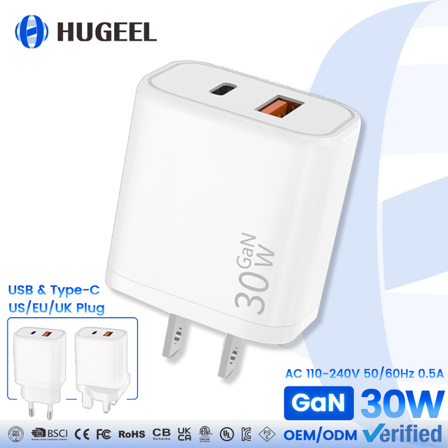 30W GaN Charger Portable USB C Charger PD Fast Charging US EU UK Adapter Plug 5V/3A for Phone Earphone Tablet Wall Chargers Kit