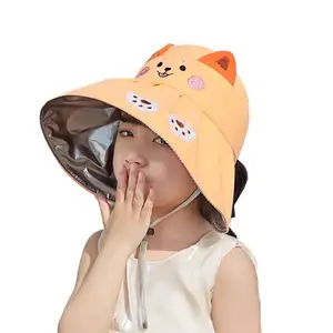 Children's Summer Large Brim Fisherman Hat Cute Cats Design Glue Sun Protection Bucket Sunshade for Outdoor Sports Fishing