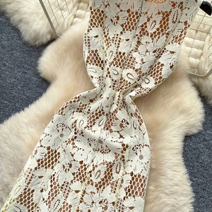 Robe longue sans manches taille haute coupe trapèze en dentelle ajourée respirante de qualité supérieure, style romantique français pour femme - Product Image 3