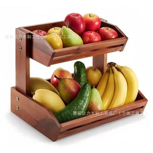 Wooden Double Tier Fruit Basket Storage <b>Rack</b> For <b>Kitchen</b> Food Organization Multifunctional Standing Type - Product Image 1