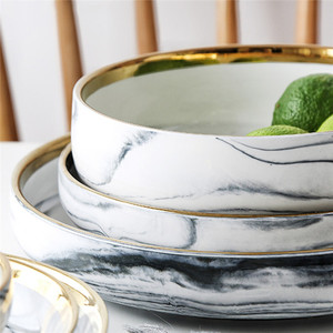 redondo logotipo casa decoración <span class=keywords><strong>juego</strong></span> de cena de borde de oro de mármol blanco de porcelana <span class=keywords><strong>platos</strong></span> de boda para restaurante - Product Image 5