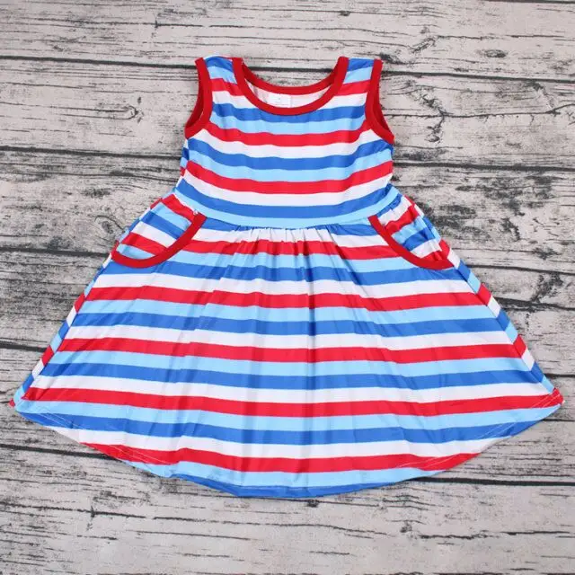 factory price 4th of july toddler girls clothes bulk wholesale Red White Blue Horizontal Stripe Pocket Sleeveless Dress