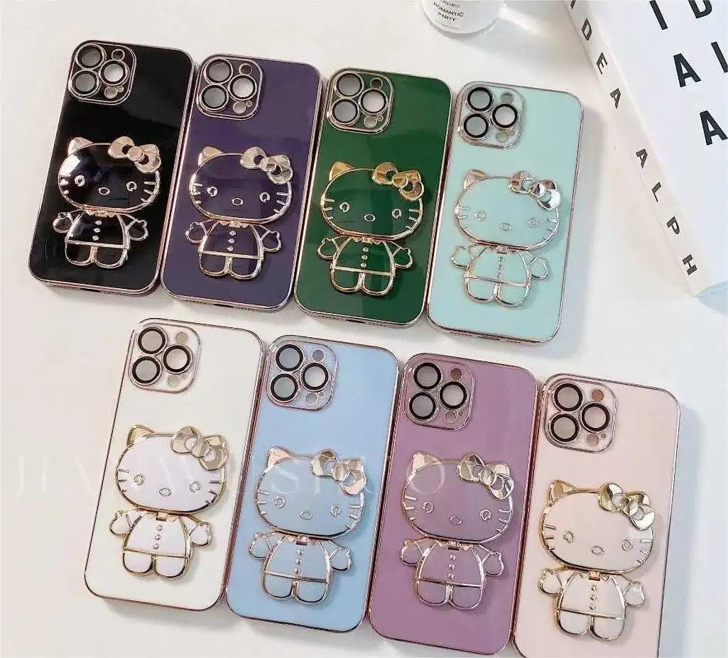Beliebt bei Mädchen Hello Cute Kitty 3D Cat Make-Up Mirror TPU Telefonhülle für iPhone 15 14 13 12 11 Pro max mit Halterung
