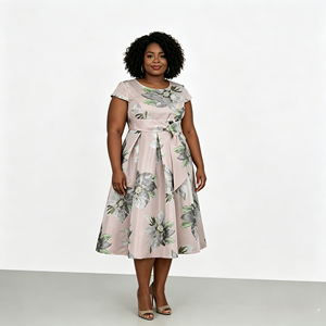 Elegante Vestido Midi con Estampado Floral, Corte en A, con Cinturón, Manga Corta, Satinado, Vestido de Fiesta para Mujer, Cuello Redondo, Corte Regular, Primavera - Product Image 2