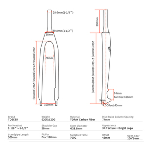 Fourche rigide de vélo de montagne <span class=keywords><strong>TOSEEK</strong></span> T700 en fibre de carbone 26/27,5/<span class=keywords><strong>29</strong></span> pouces, tube de direction conique de 28,6 mm, axe QR 9 mm x 100 mm, léger, XC AM - Product Image 2
