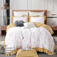 Nouvel ensemble de housse de couette King size 6 pièces à volants imprimé floral style français jaune