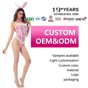Lencería de chica conejito rosa, mono de encaje, mono erótico de cola esponjosa con Orejas de conejo, bandas para el pelo, uniforme de fiesta Cos - Product Image 1