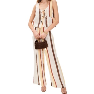 Conjunto Casual de Dos Piezas a Rayas para Mujer, Traje de Verano, Nuevo Diseño de Moda, Conjunto de Algodón y Lino, Ropa Casual para Mujer - Product Image 1