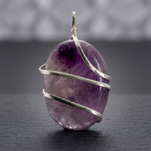 Amethyst Oval Pendant with Silver Plated Wire <b>Wrap</b> Classic Style Solitaire Charm Unisex <b>Gift</b> <b>Wedding</b> Jewelry - Product Image 2