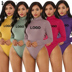 Grosir Logo Kustom Dicetak Dasi Celup Wanita Tiruan Leher Kura-kura Lengan Panjang Atasan Bodysuit Jumpsuit