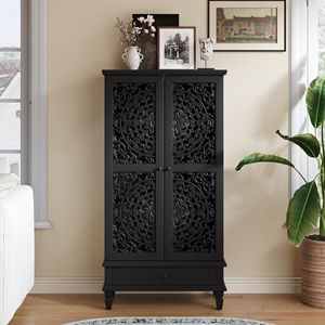 <b>Rustic</b> 55'' Tall Storage <b>Cabinet</b> With Drawer Decorative 2-Door Carved Wood Accent <b>Cabinet</b> Solid Wood Legs Living Room - Product Image 2