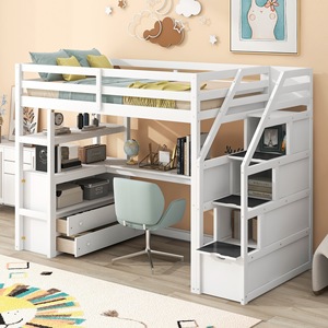 White Wooden Loft Bed With <b>Desk</b> Drawers Storage <b>Shelves</b> Multi Functional For Children Adults Elderly - Product Image 4