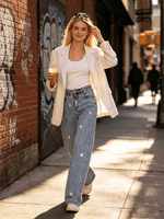 Jean en denim taille haute à jambe large Maxfree avec nœud rose décoratif, délavage clair, style doux, longueur complète, pantalon pour femme