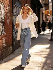 Jean en denim taille haute à jambe large Maxfree avec nœud rose décoratif, délavage clair, style doux, longueur complète, pantalon pour femme - Product Image 5