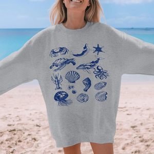 Sudadera Oversize de Algodón de Manga Larga para Mujer FOXA con Estampado Gráfico Oceánico de Tortuga, Ballena y Vida Marina, Hombros Caídos - Product Image 6