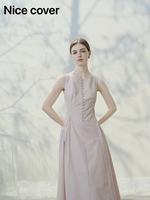 Robe de vacances Nicecover, robe midi rose style français, à bretelles, cintrée à la taille avec boutons sur le devant, idéale pour les sorties et les rendez-vous.