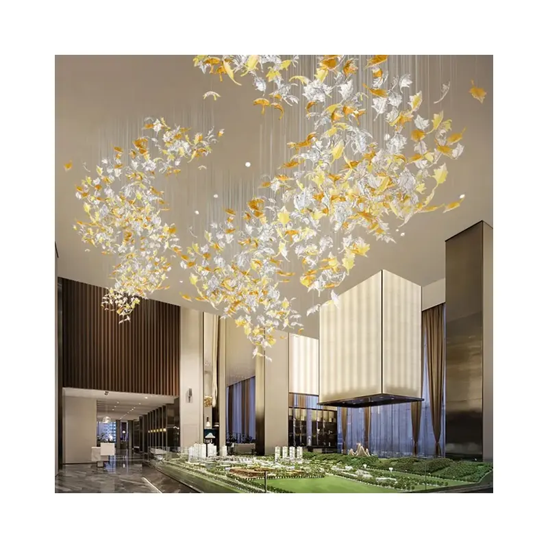 Custom Lighting Modern Fashion Art Glass Maple Leaf Type Decorative Large Chandelier For High Ceiling Of Hotel Club Banquet Hall