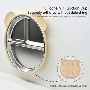 Assiette d'alimentation pour bébé en acier inoxydable 304, silicone, ronde, trois compartiments, sans BPA, résistante au micro-ondes, isolation thermique, antidérapante - Product Image 4