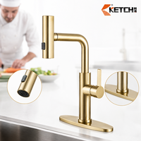 Robinet de cuisine extractible avec douchette rectangulaire, finition or brossé, monocommande en laiton