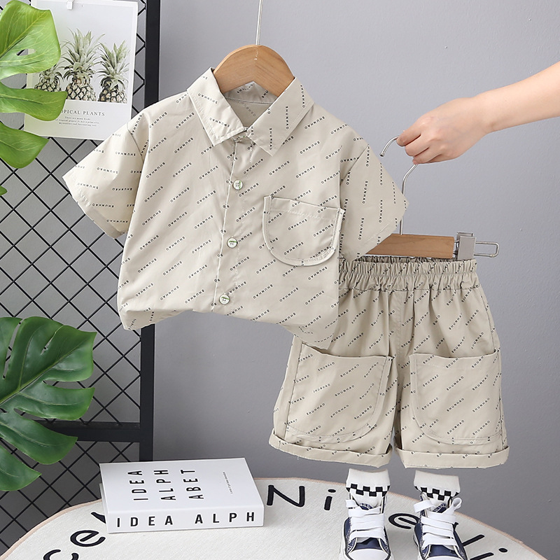 Full print small letter shirt short sleeve set beige