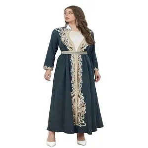 2024 מזרח התיכון חדש אירופה וארצות הברית נשים מוסלמיות שני חלקים רקומים שמלה ארוכה תחרה חלוק אופנה סיטונאי