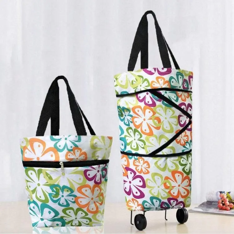 Foldable shopping Cart on casters Collapsible Trolley Bag Folding Reusable Grocery Tote Bags w 2-Wheel for Travel Daily Shopping