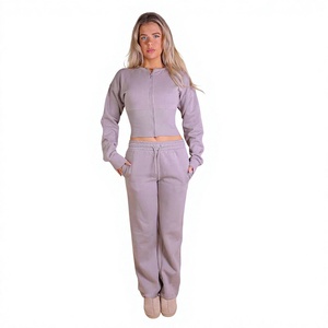 Ensemble de survêtement 2 pièces en polaire gris pour femme, coupe ample, décontracté, sportswear, pantalon de jogging à fermeture éclair à manches longues, longueur cheville - Product Image 1