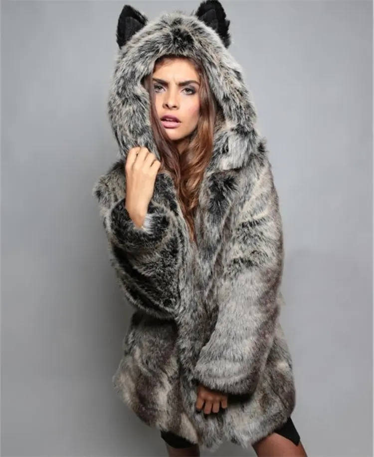 Wholesale thick faux fur hooded coat with cat ear ladies cartoon long overcoat