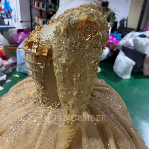 XS273 Classic High Neck Yellow 3D Flower Sequined Eco-Friendly Print <b>Evening</b> Ball Gown Women's <b>Dresses</b> - Product Image 4