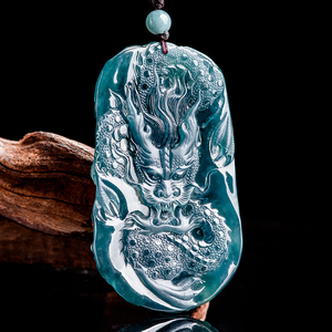 Pendentif impérial de type Linglong en jade véritable naturel bleu eau, jade de qualité glace, dragon du zodiaque, pendentif pour homme. - Product Image 3