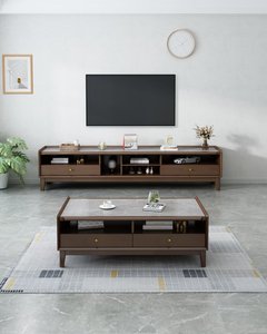 Mesa de Centro Moderna de Roble con Tapa de Mármol y Cajones, Mesa de Té con Almacenamiento para Sala de Estar - Product Image 4