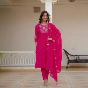 Conjunto de kurta rosa bordada para mujer con pantalón y dupatta, traje tradicional indio pakistaní - Product Image 1