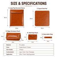 Ensemble d'organisateurs technologiques en cuir PU personnalisé 5 pièces : Housse pour ordinateur portable, tapis de souris, pochette zippée pour accessoires, petite pochette pour accessoires, sangle pour câbles