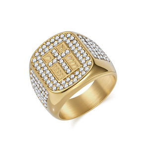 Men's <b>Titanium</b> Steel Cross <b>Ring</b> Full Diamond Micro Pave Geometric Shape Gift Jewelry Gold Silver Color K-R1000 - Product Image 5