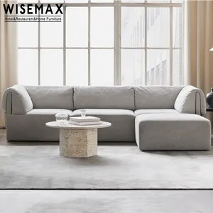 WISEMAX set furnitur rumah modern, kain sofa ruang tamu linen putih kombinasi sudut L sofa modular untuk 7 tempat duduk