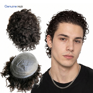 Prothèse capillaire homme bouclée 35mm, base PU ultra-fine 0.02-0.04mm, système capillaire humain avec ligne de <span class=keywords><strong>cheveux</strong></span> naturelle, nœuds blanchis et non détectables, technique V-Loop - Product Image 1