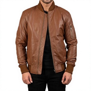 Chaqueta Bomber Calefactable de Cuero Genuino Marrón para Hombre, Cuello Mandarín, Cierre de Cremallera, Estilo Motero, Color Sólido, Ropa de Invierno - Product Image 1