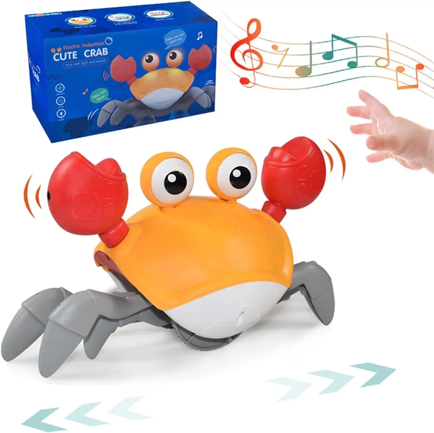 Juguetes de gran venta, juguete de cangrejo para niños pequeños, cangrejo USB para gatear con música y luz LED para evitar automáticamente obstáculos