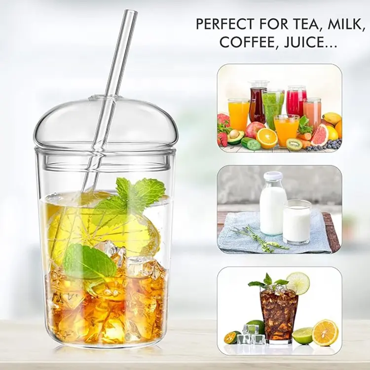 Thủy tinh cốc cà phê với nắp và rơm 16oz cao Borosilicate Glass Tumbler cho nước Smoothie nước trái cây